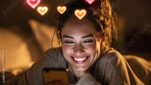 Happy young woman smiling at phone screen in dim room with floating heart icons, romantic and cozy atmosphere.
