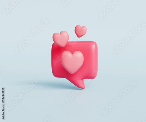 3d pink heart shaped like icon with message bubble on blue background.