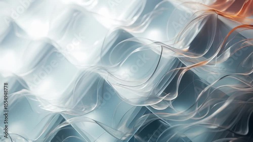 Abstract flowing translucent shapes in blue and orange tones, dynamic smooth lines and soft gradients.