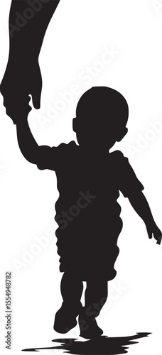 Baby Holding an Adult Finger Silhouette A black vector image of a baby walking, hand firmly holding onto an adult's finger.