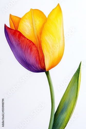 Vibrant orange and purple tulip with green leaves against a white background