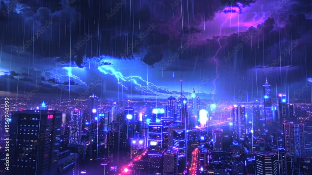 Cyberpunk Lightning Strike – Futuristic City Hit by Thunderbolt Under Swirling Storm Clouds