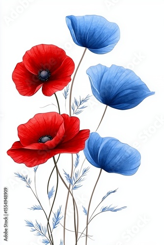 Vibrant Red and Blue Poppies with Graceful Stems and Delicate Leaves on a White Background