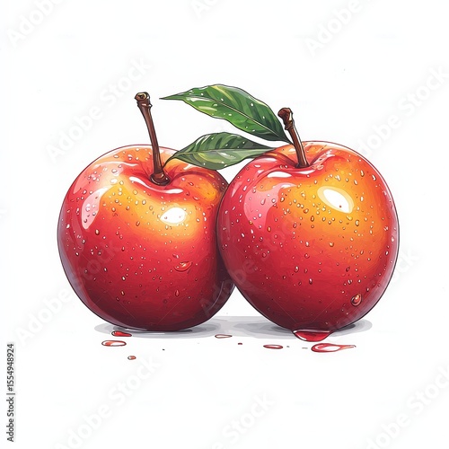 Vibrant Red Apples with Water Droplets and Green Leaves on a White Background