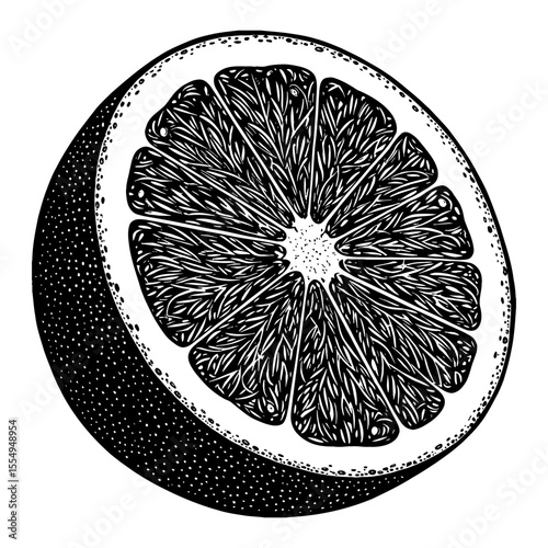 Vibrant Fresh Half Orange Cross Section Black and White Outline Line Art Drawing Engraved Vintage Style