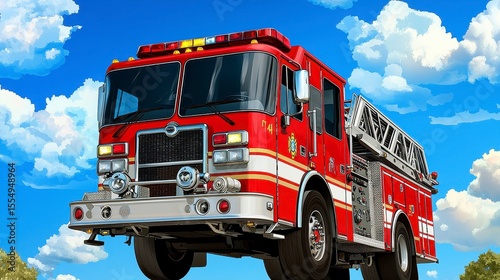 Vibrant Red Fire Truck in Action Surrounded by Blue Sky and White Clouds