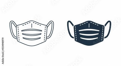 This high-quality vector graphic features two minimalist dark blue face mask icons (outline and solid) with rounded corners, dashed lines, and ear loops, emphasizing protection and clean design.