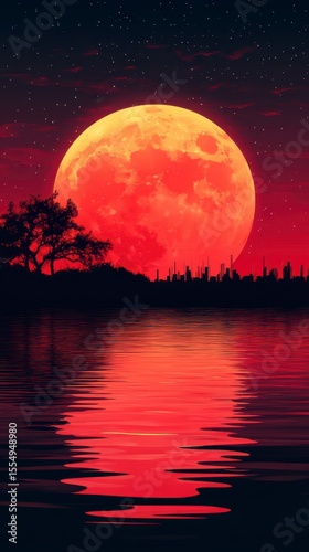 Vibrant Red Full Moon Reflected on Calm Water Surrounded by Silhouetted Trees at Dusk