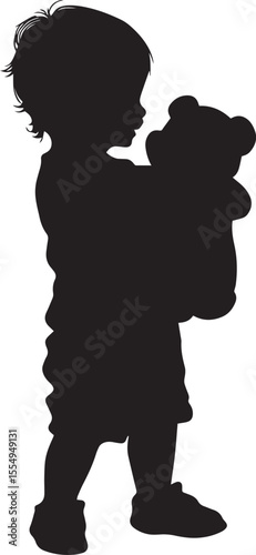 Vector Illustration of a Baby Hugging a Teddy Bear Silhouette of a baby holding a stuffed animal, cuddling it lovingly.