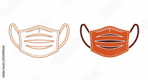 This high-quality vector graphic features two minimalist orange face mask icons (outline and solid fill) with rounded corners, pleats, and ear loops, emphasizing protection and clean design.