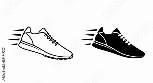 This high-quality vector graphic features two minimalist running sneaker icons (outline and solid black) with a pointed toe, raised heel, laces, and speed lines, all with fine details.