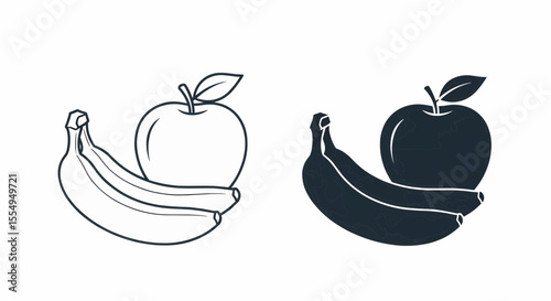 This high-quality vector graphic features two minimalist fruit icons (outline and solid black) with an apple (stem, leaf) and two bananas, emphasizing health and clean design.