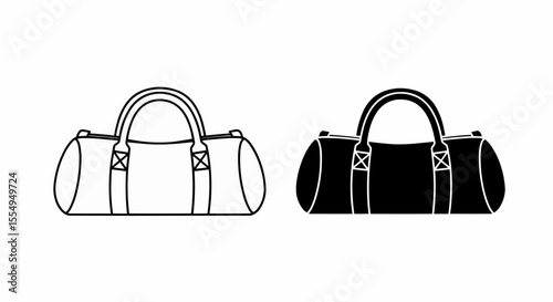 This high-quality vector graphic features two minimalist duffel bag icons (outline and solid black) with rounded ends, handles, and a central strap, emphasizing travel and clean design.