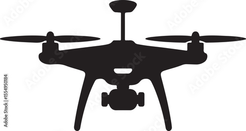 Modern quadcopter drone with camera and propellers in silhouette