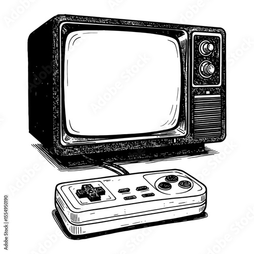 Vintage Game Controller in front of Retro Television Black and White Outline Line Art Drawing
