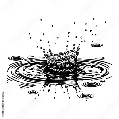 Water Puddle with Rain Drops Splashes Black and White Outline Line Art Drawing Dynamic Impact on Surface