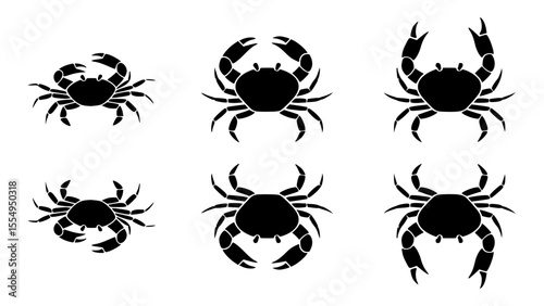 Silhouette crab illustrations in various poses on the scene. show crustacean in water