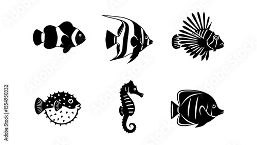 A collection of various unique marine fish in black and white