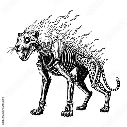 Mythical Flaming Cheetah Skeleton Monster Whole Body Fierce Roaring Black and White Outline Line Art Drawing