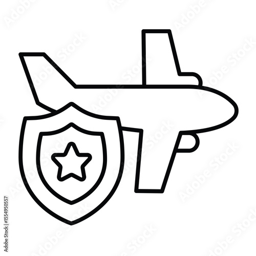 Airbus plane and safety emblem thin line icon, tropical voyage concept. Vector graphics. Regular airplane and service shield sign on white background, style mobile or design.