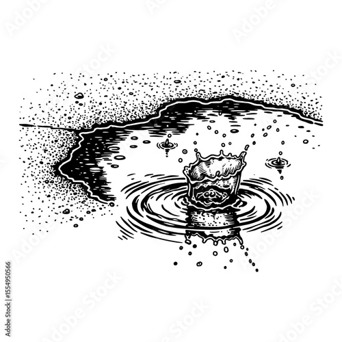 Water Puddle in Concrete with Rain Drop Splashes Black and White Outline Line Art Drawing