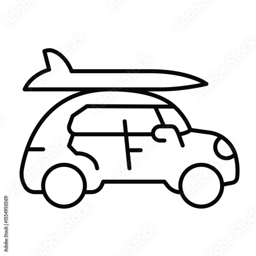 Retro car vehicle with surfboard thin line icon, tropical voyage concept. Vector graphics. Automobile for traveling at sea sign on white background, style mobile or design.