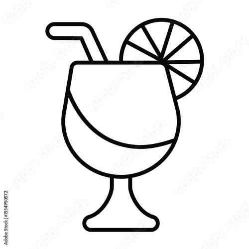 Cocktail cup with orange fruit and straw thin line icon, tropical voyage concept. Vector graphics. Tropical drink, beverage sign on white background, style mobile or design.