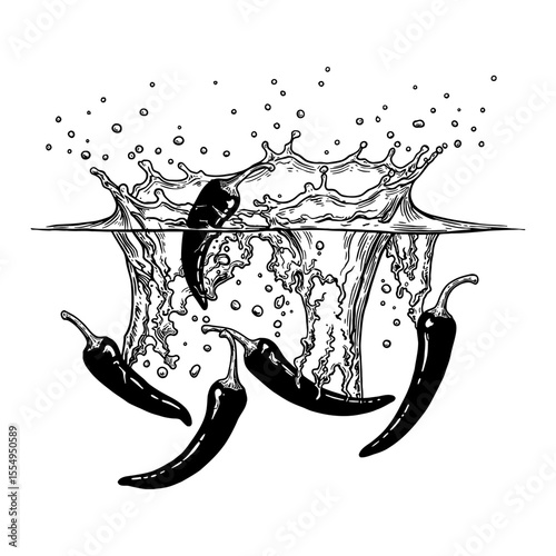 Falling Chilli Peppers Splashing into Water Black and White Outline Line Art Drawing with Bubbles and Drops