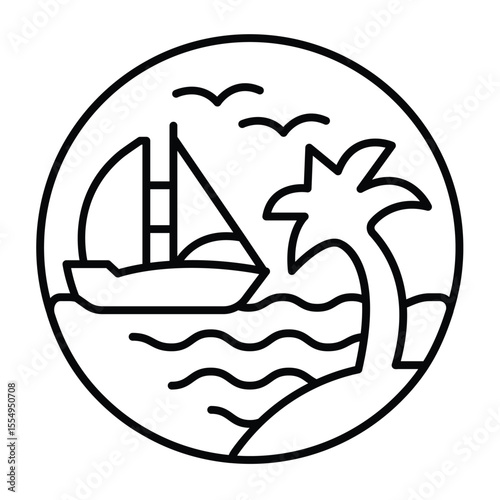 Sailboat with palm tree at sea thin line icon, tropical voyage concept. Vector graphics. Island traveling, water transport sign on white background, style mobile or design.