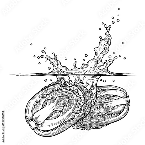 Fresh Napa Cabbages Splashing into Water with Drops Black and White Outline Line Art Drawing