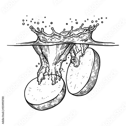 Two Half Potatoes Splashing into Water with Dynamic Splash and Drops Black and White Outline Line Art Drawing