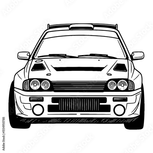 Rally Car Front View Black and White Outline Line Art Drawing Vector Illustration Classic Vehicle