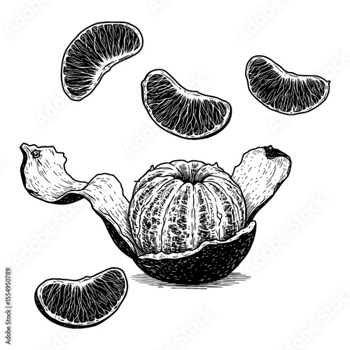 Peeled Orange with Separated Segments Falling or Floating Black and White Outline Line Art Drawing Illustration