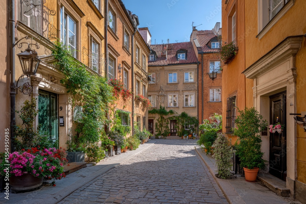 Fototapeta premium Old European alley with cobblestones aged buildings and flowerfilled window boxes