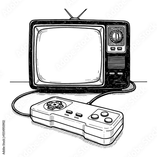 Vintage Game Controller in Front of Retro Television Set Black and White Outline Line Art Drawing
