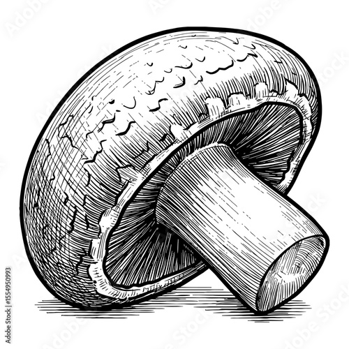 Single Button Mushroom Detailed Black and White Outline Line Art Drawing Vintage Illustration