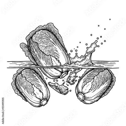 Fresh Napa Cabbages Splashing Into Water Dynamic Black and White Outline Line Art Drawing
