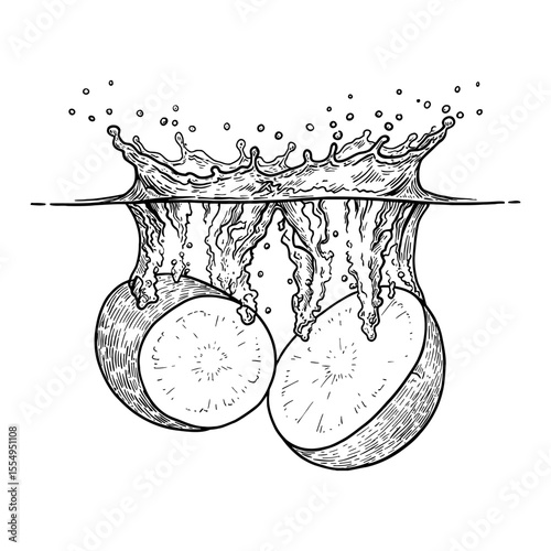 Two Half Potatoes Splashing into Water with Dynamic Droplets Black and White Outline Line Art Drawing