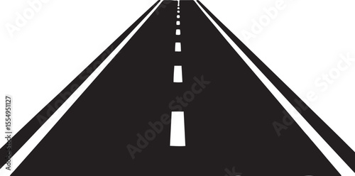 Straight Road on White Background with Black Asphalt and White Lines.