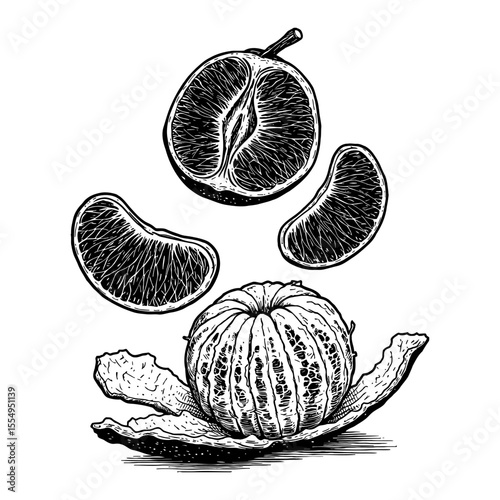 Peeled Oranges Half Orange and Segments Falling or Floating Black and White Outline Line Art Drawing