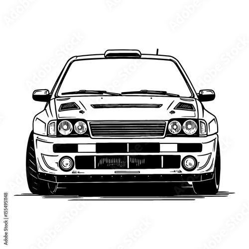 Dynamic Rally Car Front View Black and White Outline Line Art Drawing Isolated Old Sport Race Auto Vehicle