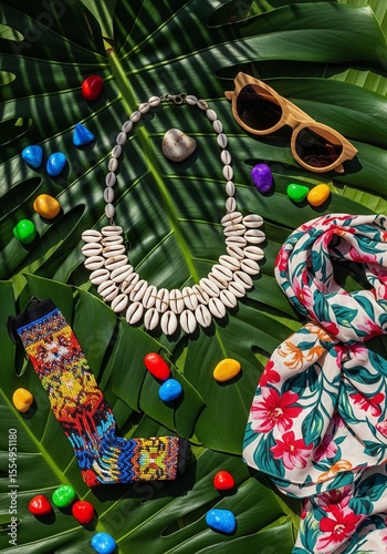 Maximalist flatlay combining eco-friendly and tropical fashion elements with vibrant natural textures. Ideal for summer, nature, and sustainable fashion themes.