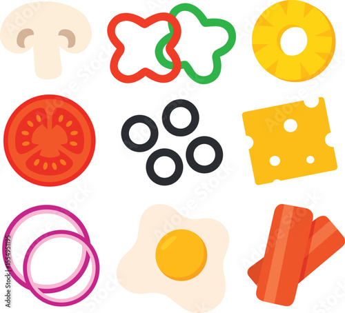 Mushroom bell pepper pineapple tomato olive cheese onion egg bacon breakfast food ingredient colorful fresh healthy flat cartoon isolated
