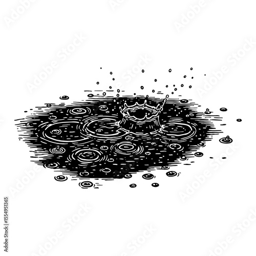 Water Puddle with Rain Drops Splashes Creating Crown and Ripples Black and White Outline Line Art Drawing