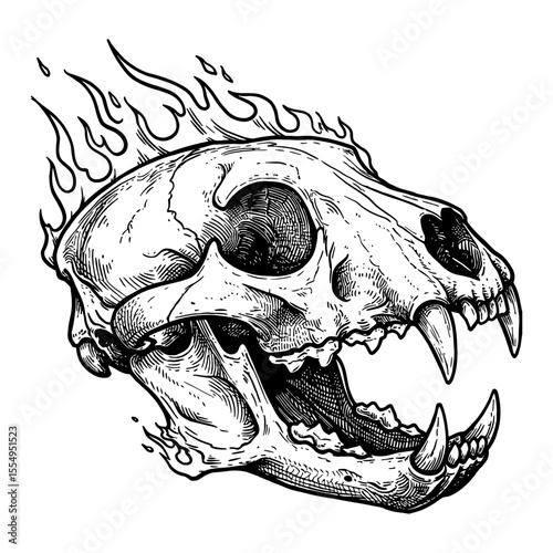 Detailed Flaming Lion Skull Coated Black and White Outline Line Art Drawing Illustration Engraving