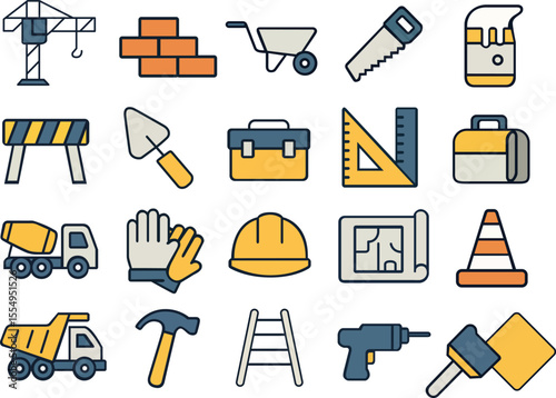 Construction brick wheelbarrow saw paint barrier trowel toolbox ruler briefcase cement glove helmet blueprint cone dump truck