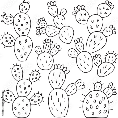 Prickly Pear Cactus Doodle Set with Hand-Drawn Pads Fruits and Sketch Lines