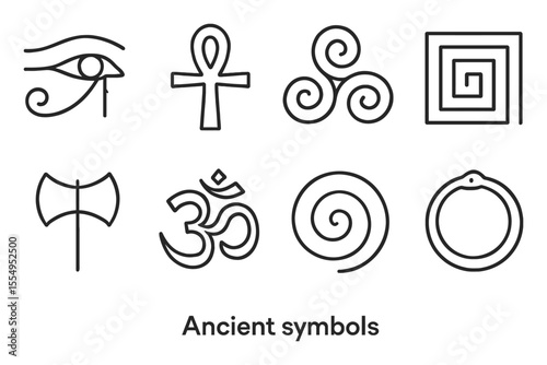 Collection of ancient symbols including ankh, spiral, and ouroboros, vector illustration