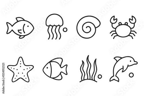 Marine life icons collection featuring fish, jellyfish, shell, crab, starfish, seaweed, and dolphin, vector illustration