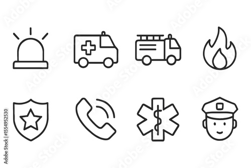 Emergency services and safety icons set featuring ambulance, fire engine, and police officer, vector illustration